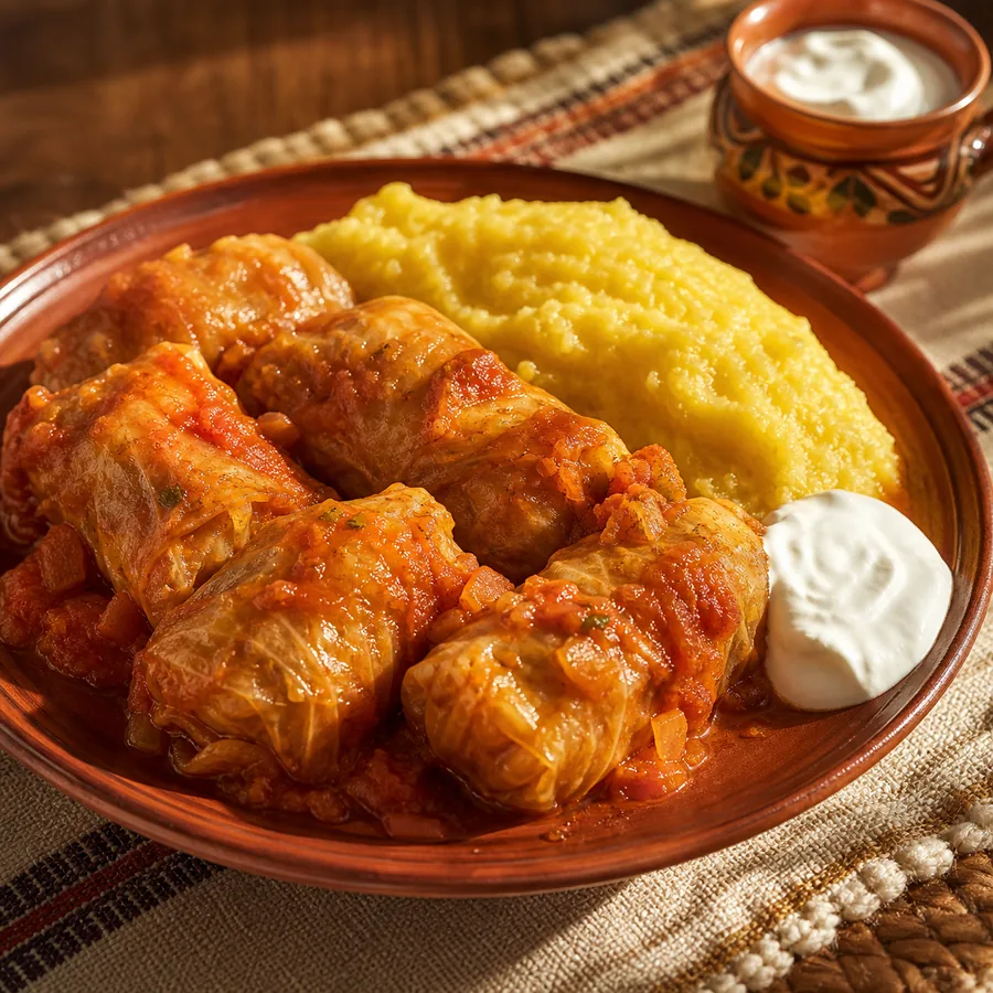 Romanian Sarmale Cabbage Rolls with Polenta, finished dish