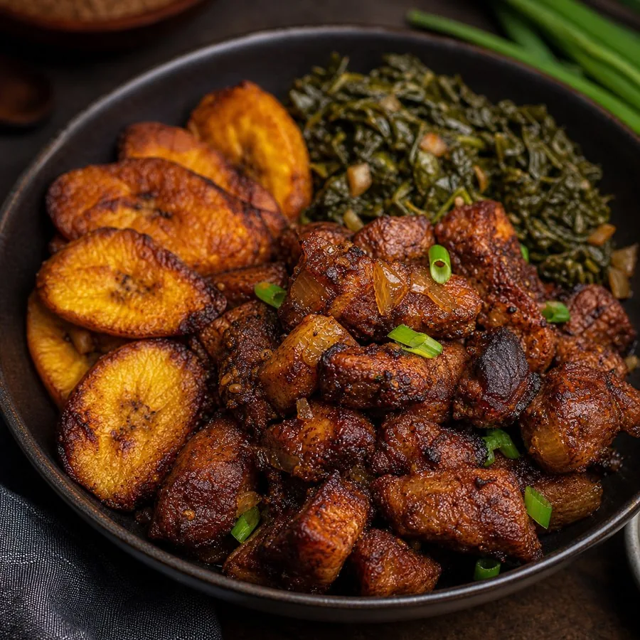 Rwandan Akabenz Pork Bites with Plantains, plated as a finished dinner