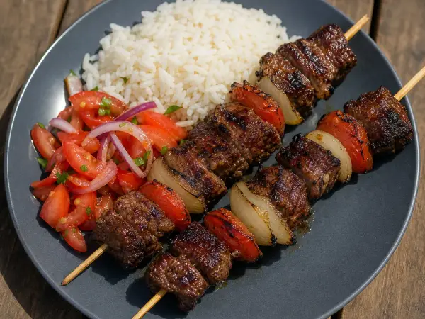 Rwandan Beef Brochettes with tomato onion salad and rice