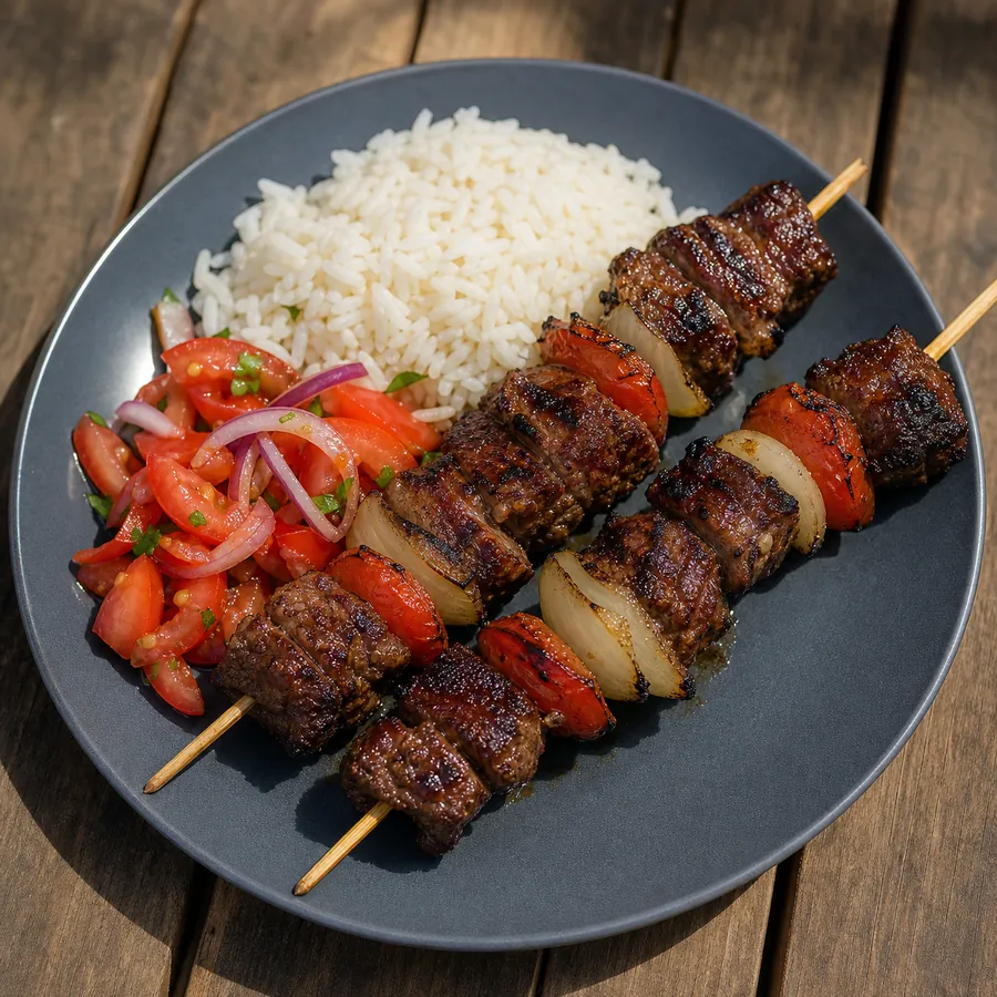 Rwandan Beef Brochettes with tomato onion salad and rice