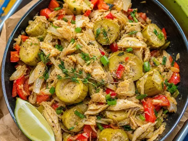 Saint Lucian Green Fig and Saltfish Skillet, finished dish
