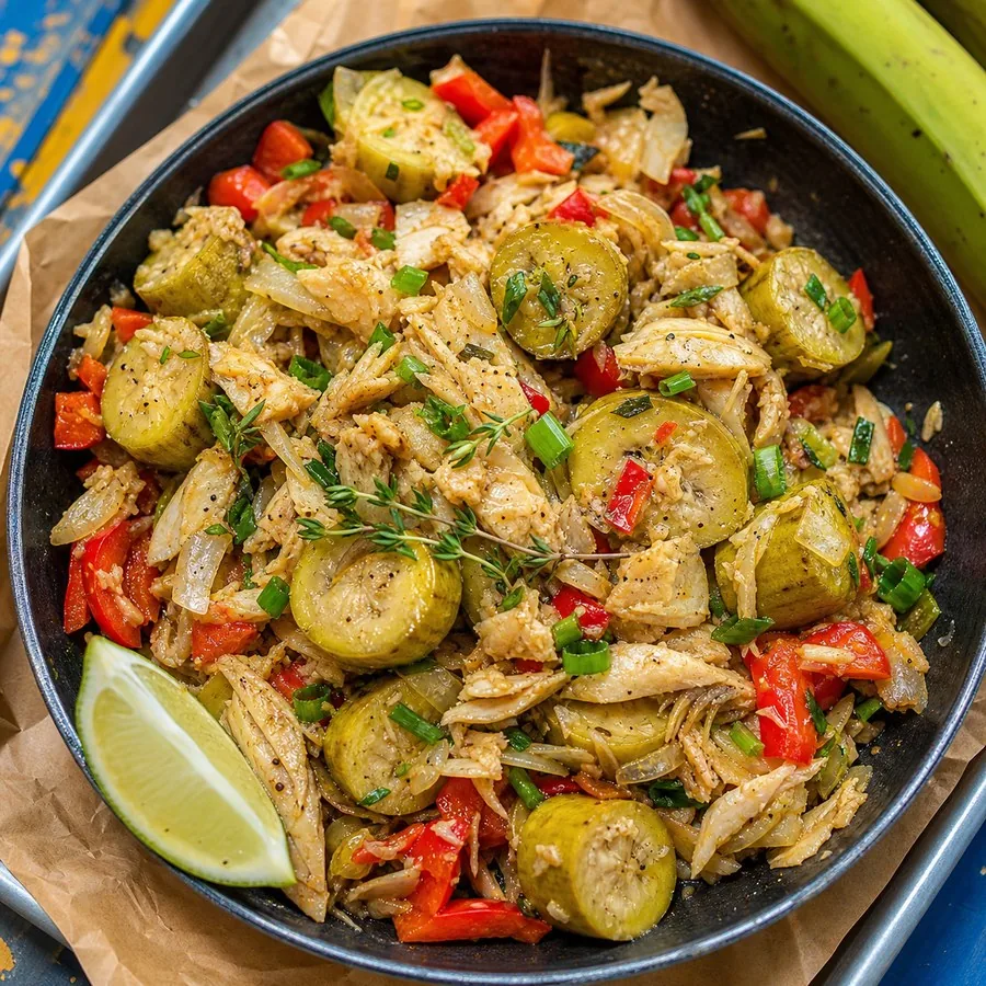 Saint Lucian Green Fig and Saltfish Skillet, finished dish