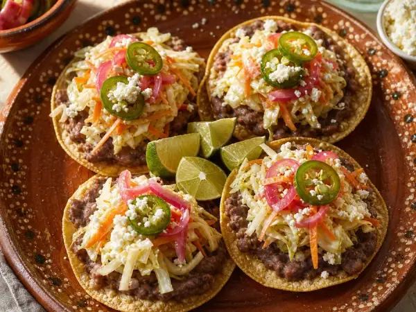 Salvadoran Curtido Bean Tostadas, finished dish
