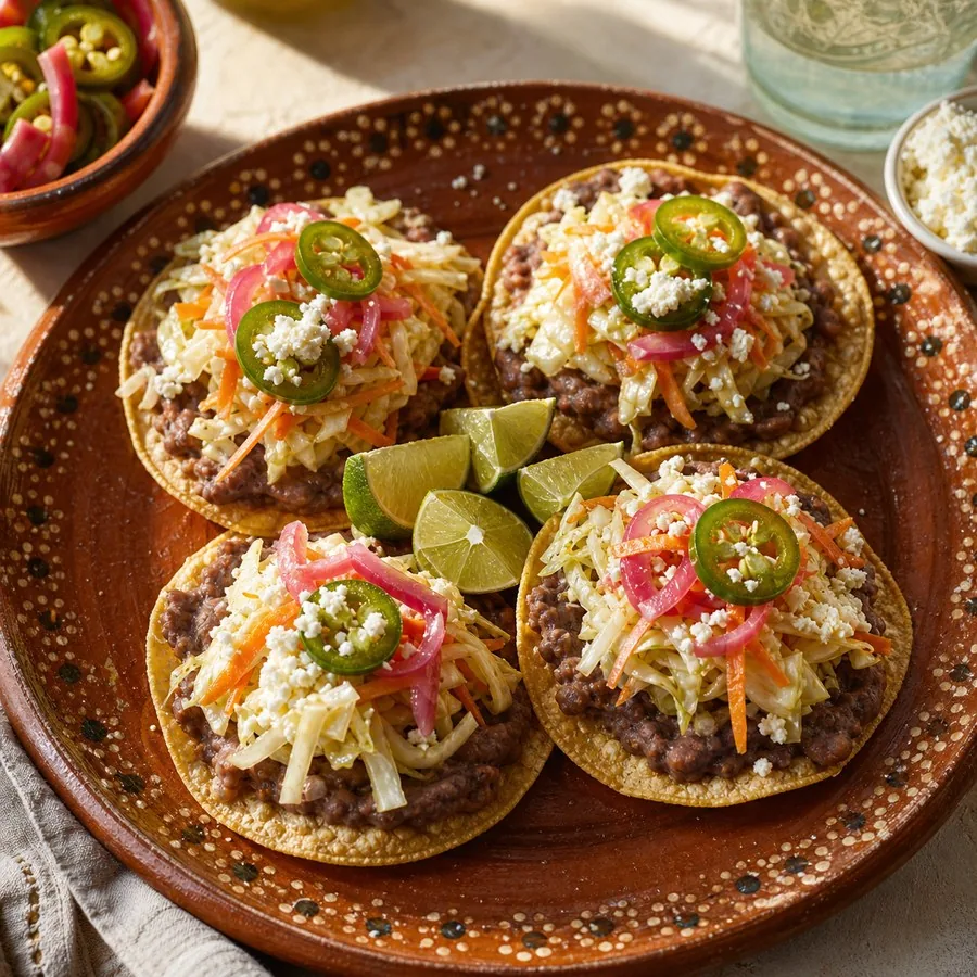 Salvadoran Curtido Bean Tostadas, finished dish