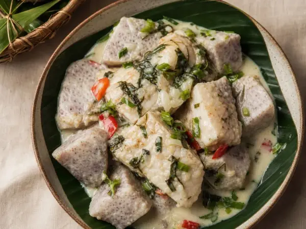 Samoan Faiai Ia Coconut Fish with Taro, plated as a finished dinner