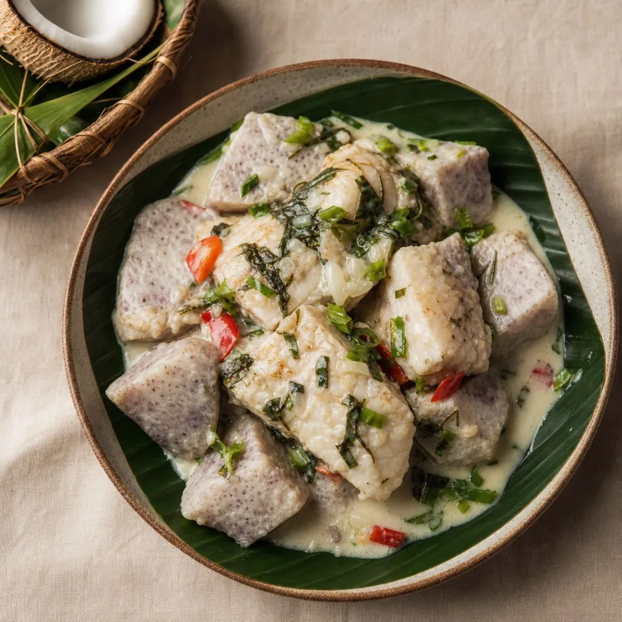 Samoan Faiai Ia Coconut Fish with Taro, plated as a finished dinner