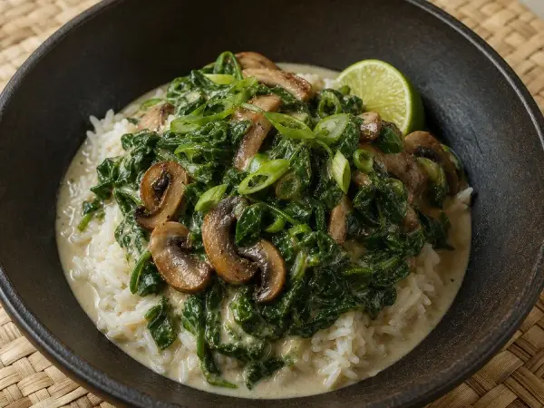 Creamy coconut spinach and mushrooms over white rice