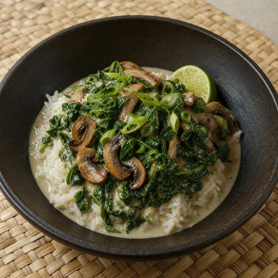 Creamy coconut spinach and mushrooms over white rice