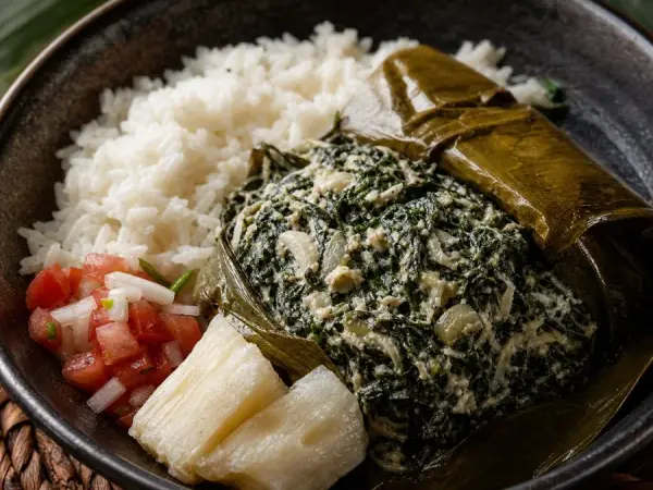 Samoan Palusami Spinach Coconut Parcels, plated as a finished dinner