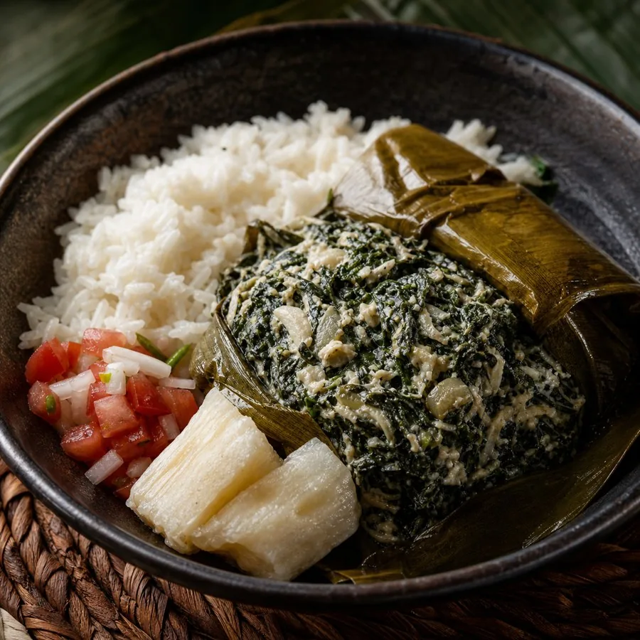 Samoan Palusami Spinach Coconut Parcels, plated as a finished dinner