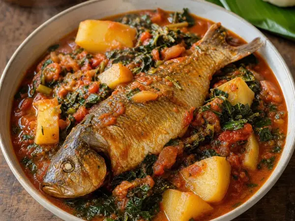 Sao Tomean Calulu Fish Tomato Stew, plated as a finished dinner