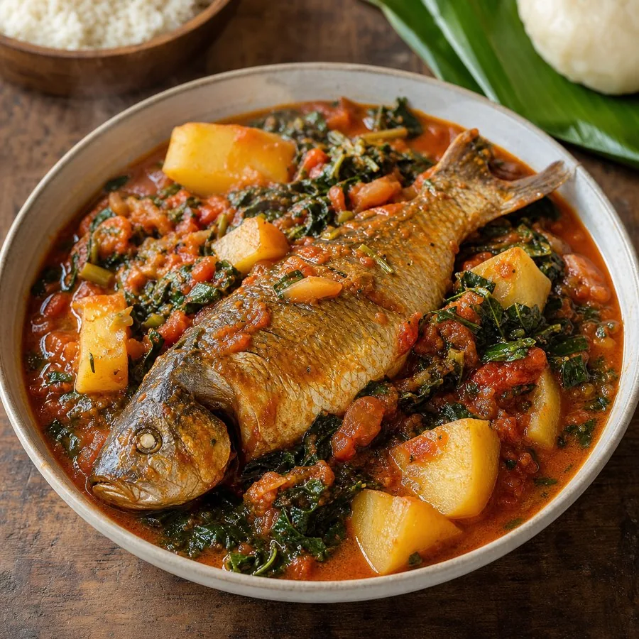 Sao Tomean Calulu Fish Tomato Stew, plated as a finished dinner