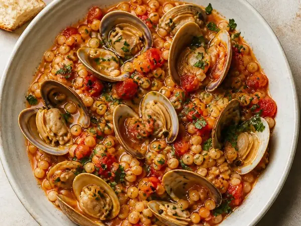 Sardinian Fregola with Clams and Tomato, finished dish