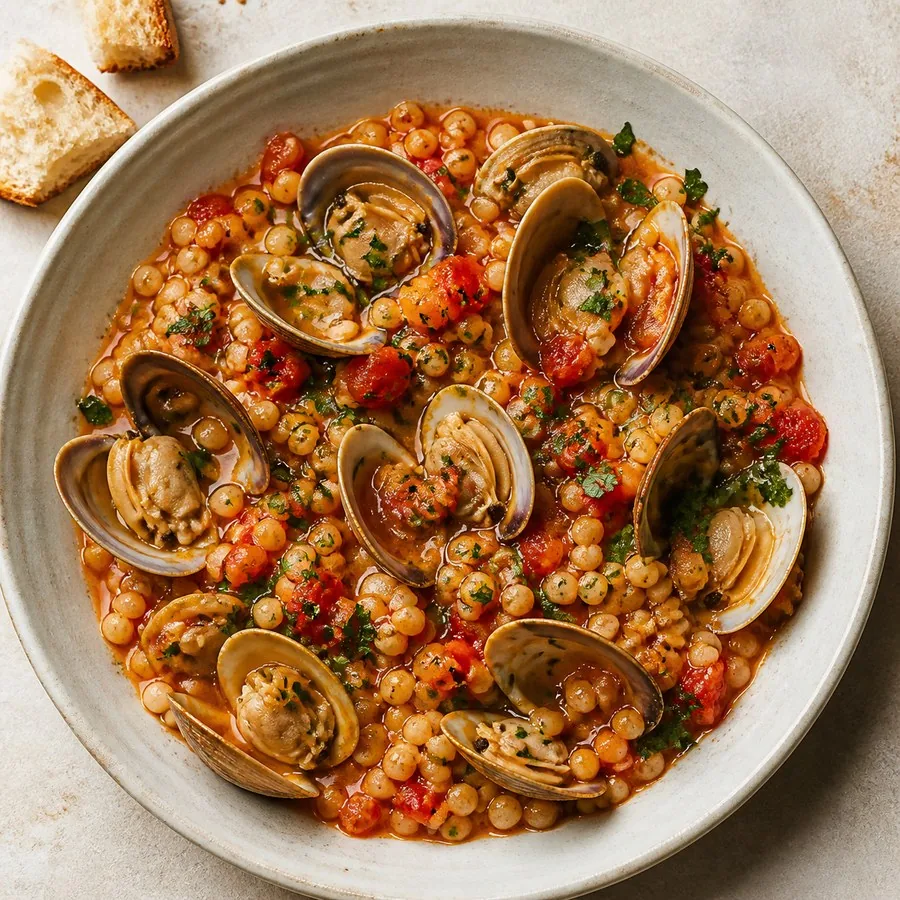 Sardinian Fregola with Clams and Tomato, finished dish