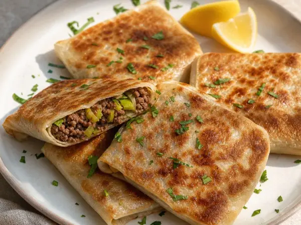 Saudi Mutabbaq Beef and Leek Parcels, finished dish