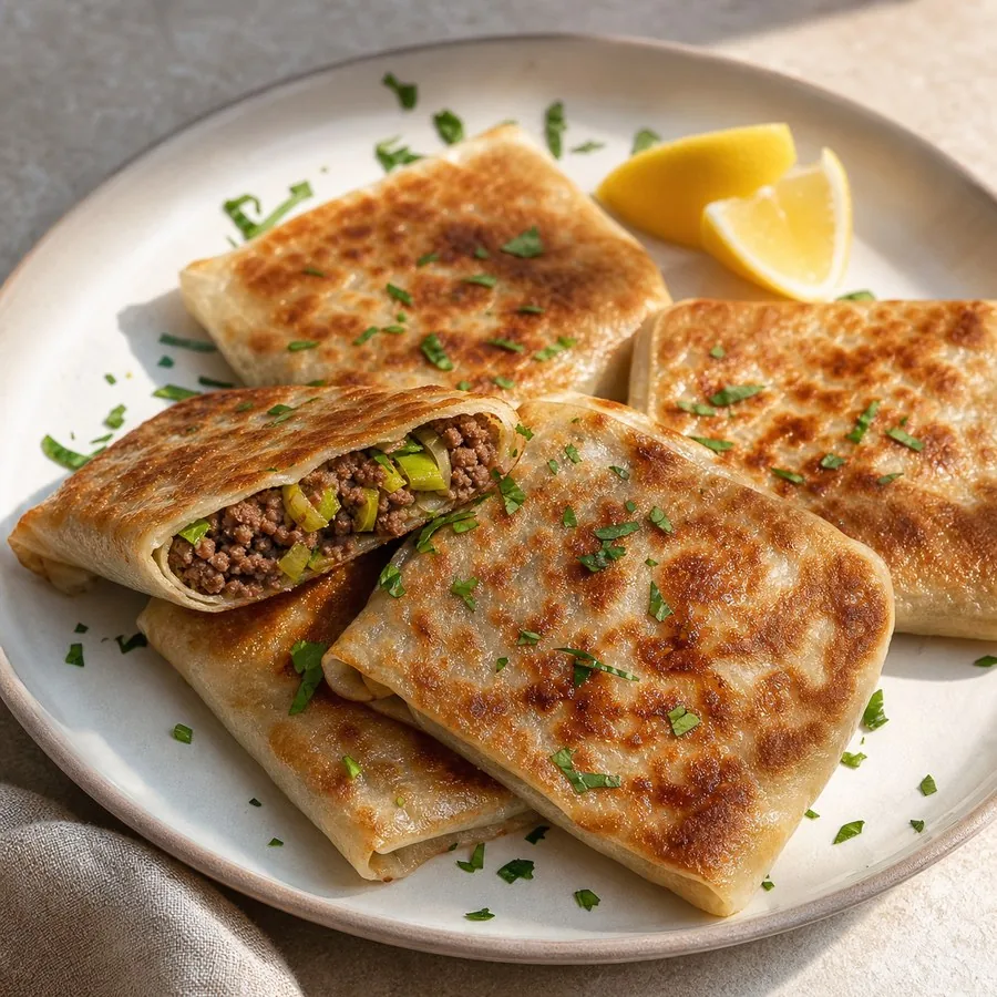 Saudi Mutabbaq Beef and Leek Parcels, finished dish