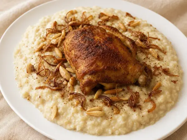 Saudi Saleeg Chicken Rice with fried onion and almonds
