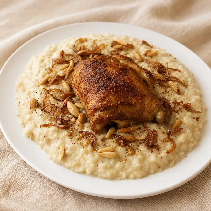 Saudi Saleeg Chicken Rice with fried onion and almonds