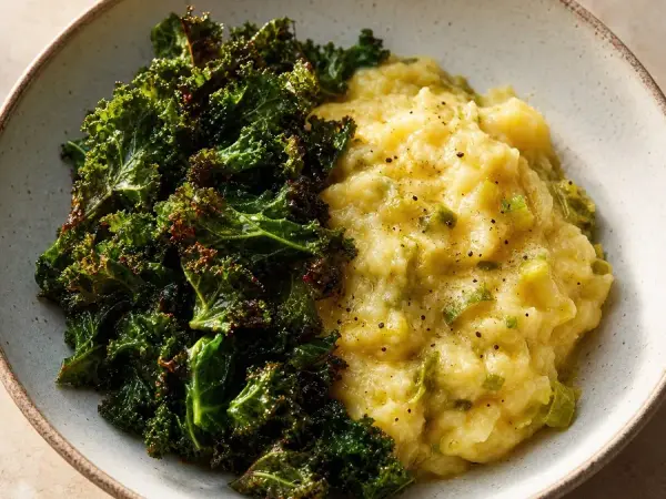 Scottish Rumbledethumps with Crispy Kale, finished dish