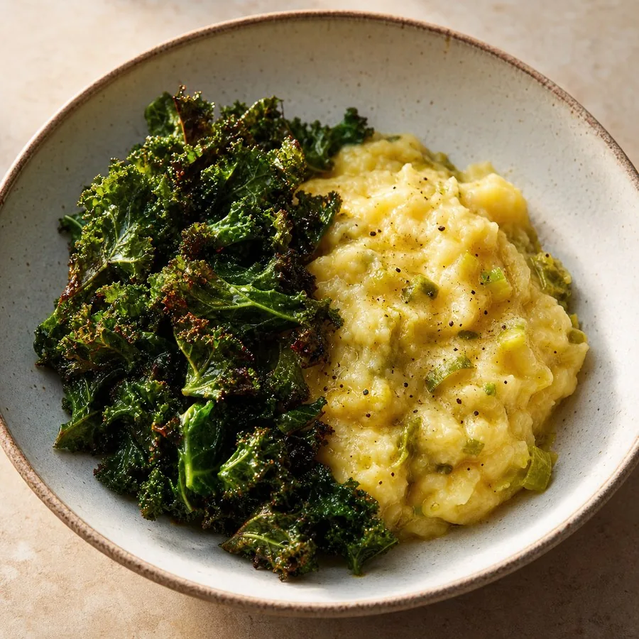 Scottish Rumbledethumps with Crispy Kale, finished dish