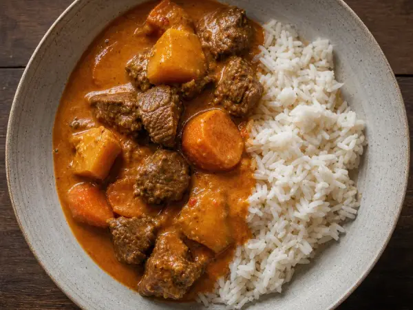 Senegalese Mafe Beef with rice and vegetables