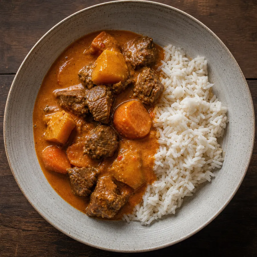 Senegalese Mafe Beef with rice and vegetables