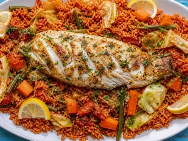 Senegalese Thieboudienne-inspired fish and tomato rice platter