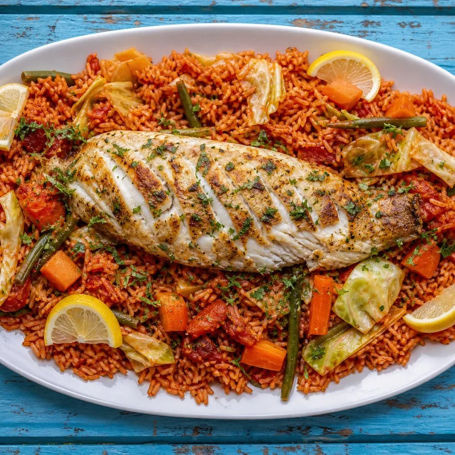 Senegalese Thieboudienne-inspired fish and tomato rice platter