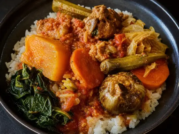 Senegalese Thiou Vegetable Stew, plated as a finished dinner