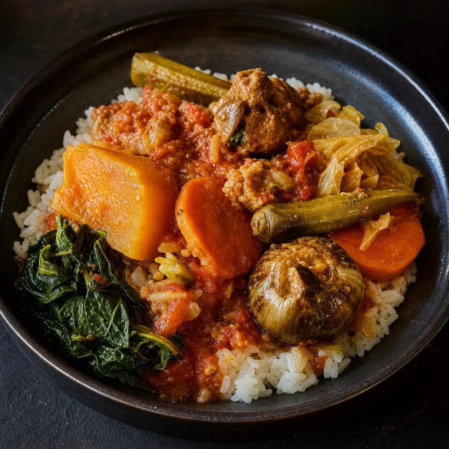 Senegalese Thiou Vegetable Stew, plated as a finished dinner