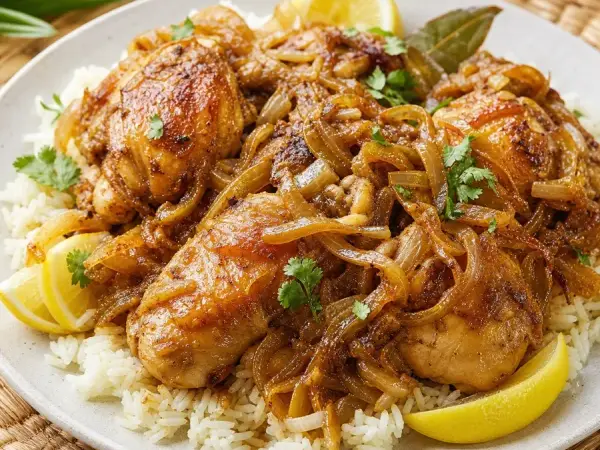 Senegalese Yassa Chicken with Caramelized Onions, plated as a finished dinner