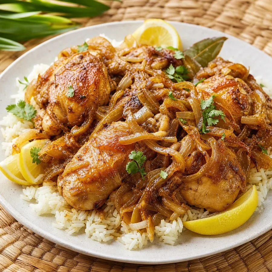 Senegalese Yassa Chicken with Caramelized Onions, plated as a finished dinner