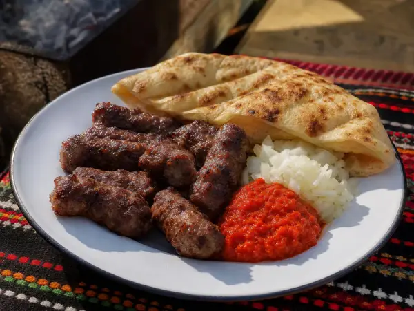 Serbian Ćevapi with Ajvar and Flatbread, finished dish