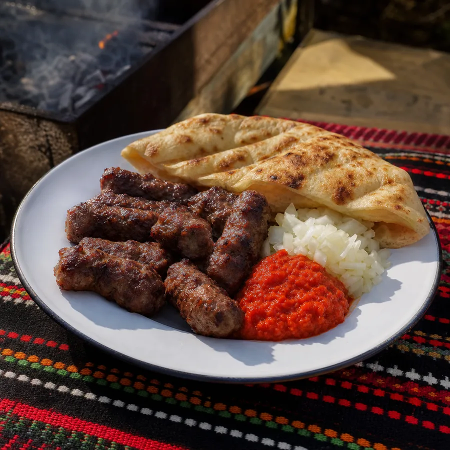 Serbian Ćevapi with Ajvar and Flatbread, finished dish