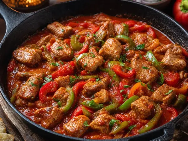 Serbian Mućkalica Pork Pepper Skillet, plated and ready to serve