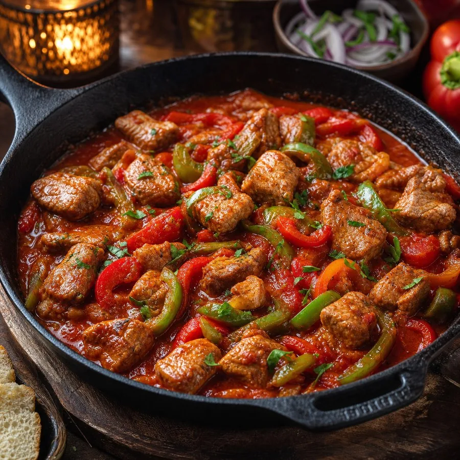 Serbian Mućkalica Pork Pepper Skillet, plated and ready to serve