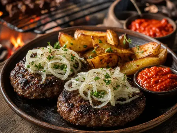 Serbian beef pljeskavica with onion relish and potatoes