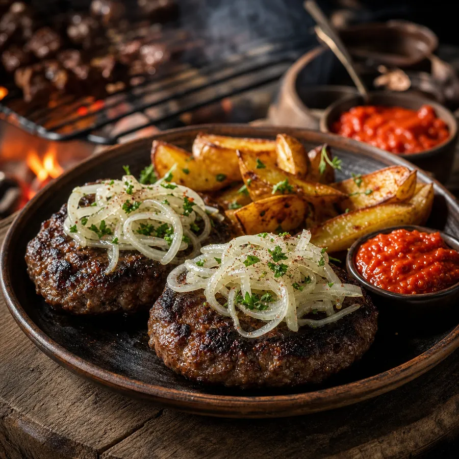 Serbian beef pljeskavica with onion relish and potatoes