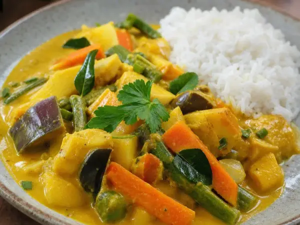 Seychellois Cari Coco Vegetable Curry, plated as a finished dinner