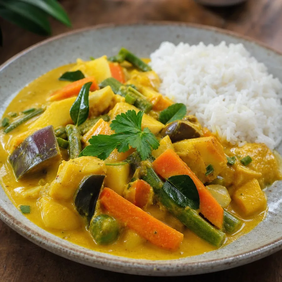 Seychellois Cari Coco Vegetable Curry, plated as a finished dinner