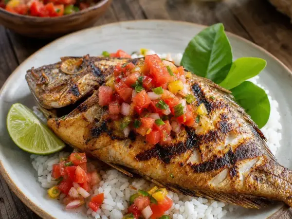 Seychellois Grilled Fish with Creole Tomato Salsa, plated as a finished dinner