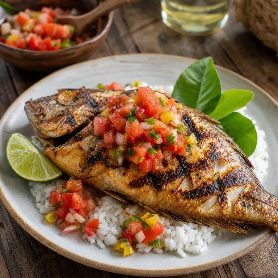 Seychellois Grilled Fish with Creole Tomato Salsa, plated as a finished dinner