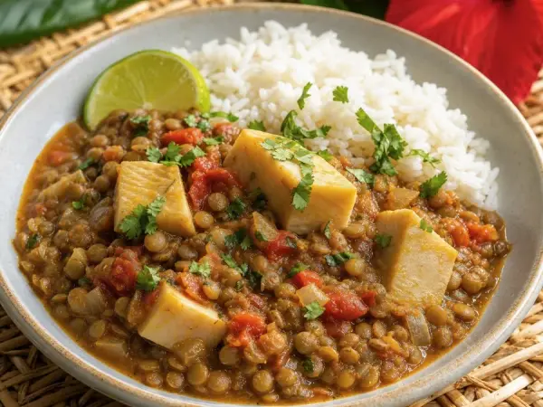 Seychellois Lentil and Breadfruit Stew, plated as a finished dinner
