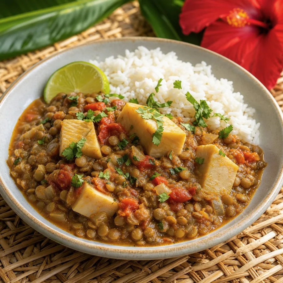 Seychellois Lentil and Breadfruit Stew, plated as a finished dinner