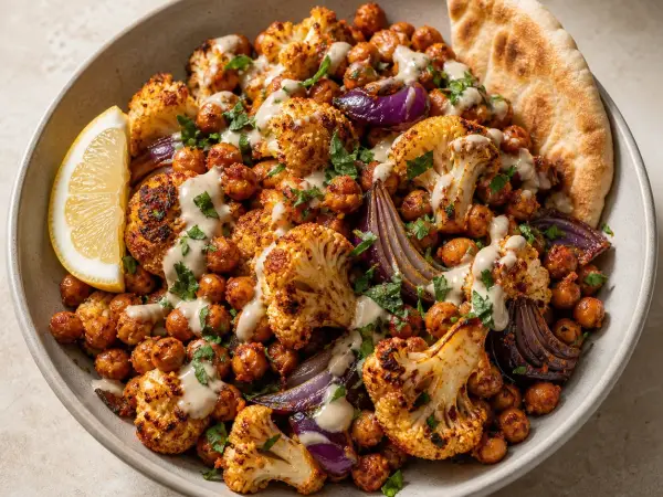 Sheet-Pan Harissa Chickpeas with Roasted Cauliflower and Lemon Tahini, finished dish