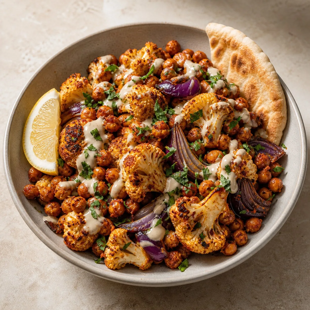 Sheet-Pan Harissa Chickpeas with Roasted Cauliflower and Lemon Tahini, finished dish