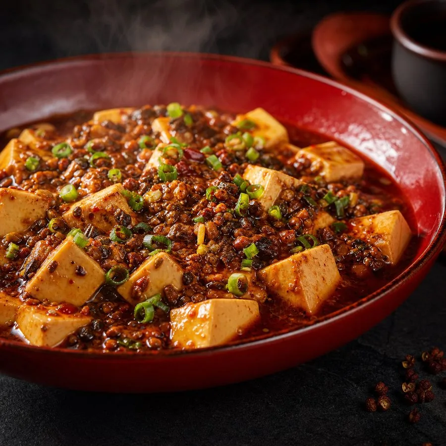 Sichuan-Inspired Mapo Tofu with Mushrooms, finished dish