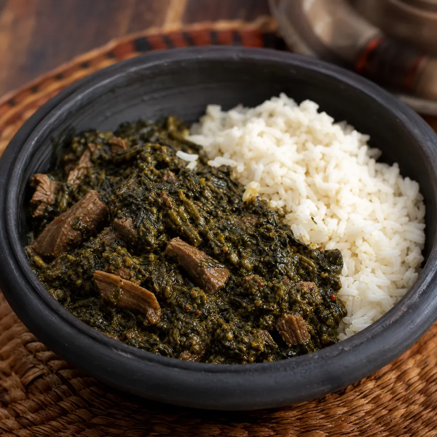 Sierra Leonean Cassava Leaf Beef Stew with rice