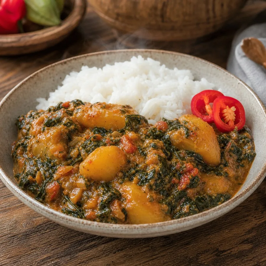 Sierra Leonean Potato Leaf Coconut Stew, plated as a finished dinner