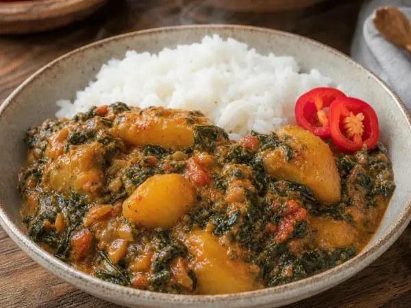Sierra Leonean Sweet Potato Leaf Peanut Stew, plated as a finished dinner